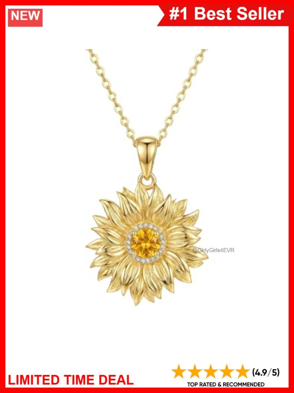 Sterling Silver Citrine Sunflower Pendant Necklace 18K Gold Plated